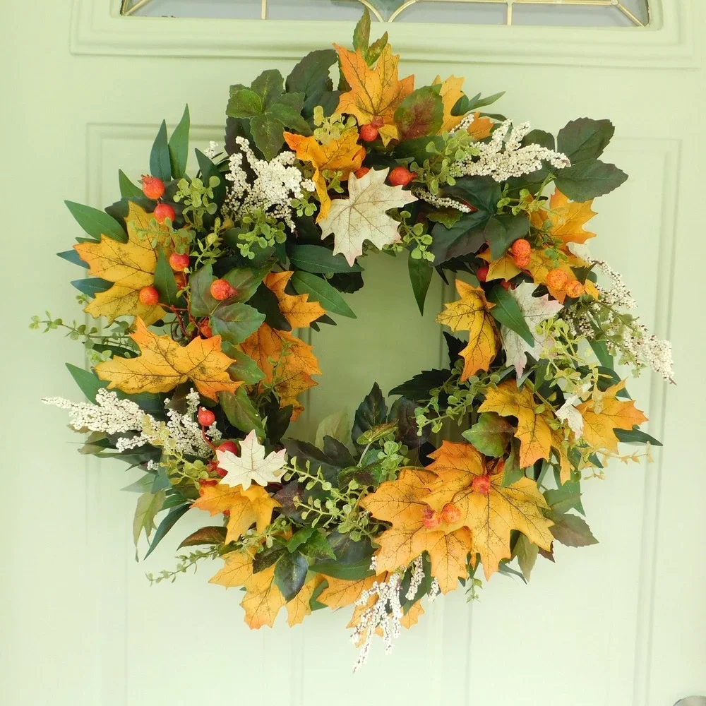 Atrificial Fall Wreath with Autumn Orange hues, Greens, Berries Front Door Decor
